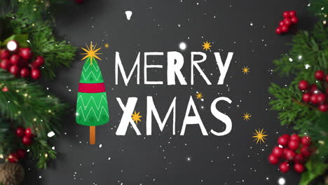 Animation-of-merry-xmas-text-over-snow-on-grey-background