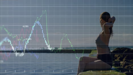 Animation-of-charts-processing-data-over-caucasian-woman-sitting-on-beach