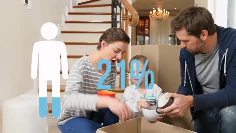 Animation-of-blue-lman-figure-and-percent-over-caucasian-couple-with-boxes-moving-in-to-new-home