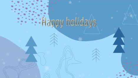 Animation-of-happy-holidays-text-over-christmas-trees-in-winter-scenery