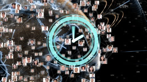 Animation-of-clock-moving-fast-over-globe-with-photos-of-businessmen-on-black-background