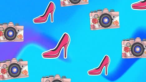 Animation-of-red-high-heeled-shoes-and-cameras-on-blue-abstract-background