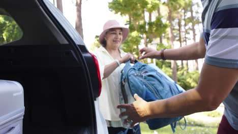 Happy-diverse-senior-couple-packing-luggage-to-a-car-in-sunny-outdoors