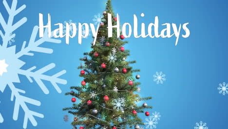 Animation-Von-Frohe-Feiertage-Text-Und-Schnee-Fällt-über-Weihnachtsbaum-Auf-Blauem-Hintergrund