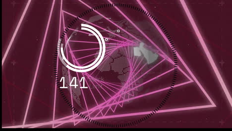 Animation-Der-Datenverarbeitung-Mit-Globus-über-Neonformen-Auf-Violettem-Hintergrund