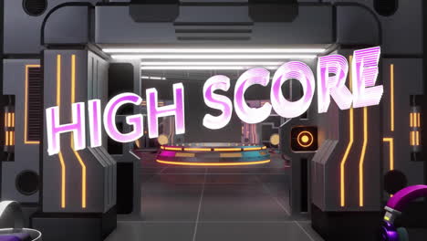 Animation-of-gaming-icons-and-high-score-text-over-cyber-room
