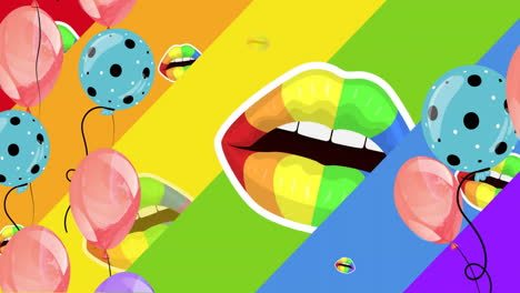 Animation-Von-Regenbogenlippen-Und-Bunten-Luftballons-Auf-Regenbogenhintergrund