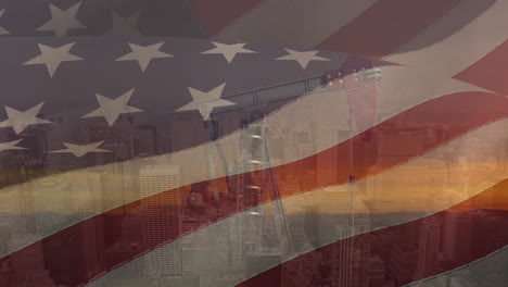 Animation-of-flag-of-america-over-oil-derrick-and-cityscape