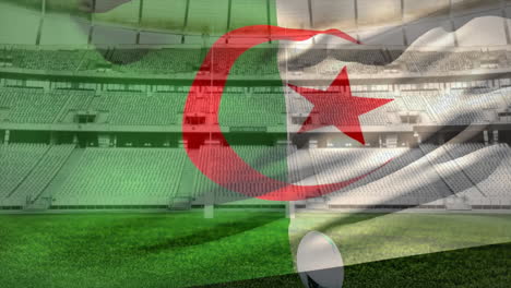 Animación-De-La-Bandera-Ondeante-De-Argelia-Sobre-El-Estadio-Con-Pelota-De-Rugby.