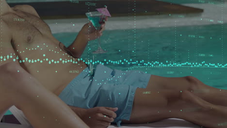 Animation-of-charts-processing-data-over-caucasian-man-with-cocktail-by-sunny-swimming-pool