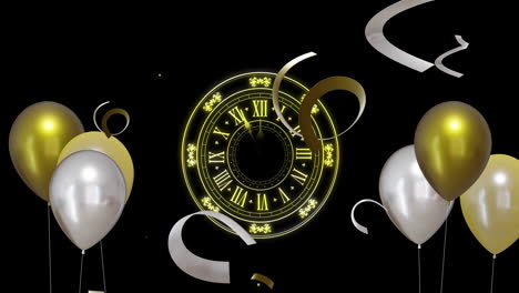 Animation-of-clock-showing-midnight-and-gold-and-silver-balloons-on-black-background