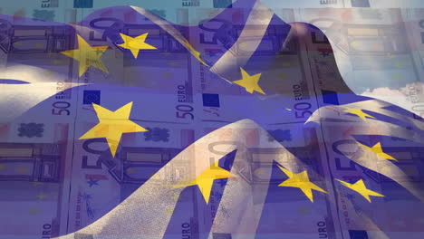 Animation-Der-Flagge-Großbritanniens-über-Euro-Banknoten