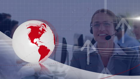 Animation-of-globe-and-data-processing-over-diverse-business-people-using-phone-headsets