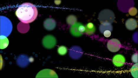 Animation-of-colourful-light-trails-and-spots-on-black-background