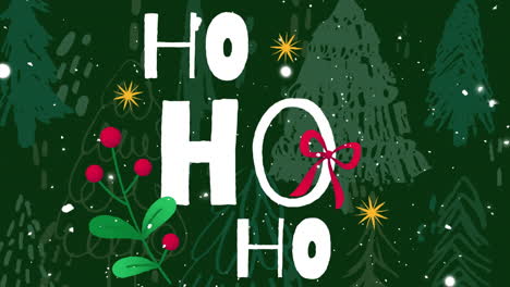 Animation-of-snow-falling-and-ho-ho-ho-text-over-trees-on-green-background-at-christmas