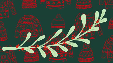 Animation-Eines-Stechpalmenzweigs-über-Weihnachtlichem-Muster-Auf-Grünem-Hintergrund