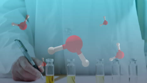 Animation-of-chemical-molecules-over-caucasian-female-scientist-taking-sample-in-lab