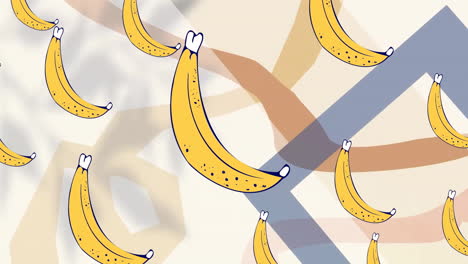 Animation-of-banana-icons-over-colourful-shapes-on-white-background