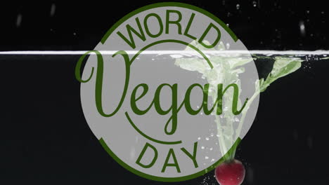 Animation-of-world-vegan-day-text-over-fruit-falling-in-water-background