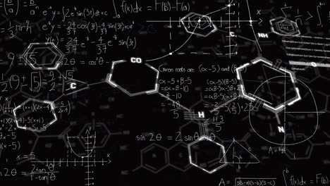 Animation-of-element-diagrams-over-mathematical-equations-on-black-background
