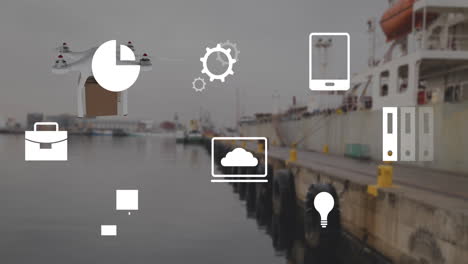 Animation-of-eco-icons-and-data-processing-over-drone-with-box-and-sea-port