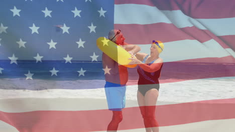 Animation-of-flag-of-usa-over-caucasian-senior-couple-on-beach-in-summer