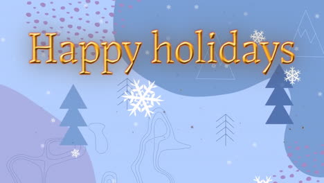 Animation-Von-Frohen-Feiertagen-Und-Schnee,-Der-über-Weihnachtsbäume-Auf-Blauem-Hintergrund-Fällt