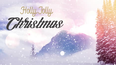 Animation-of-holly-jolly-christmas-text-and-snow-falling-over-winter-scenery