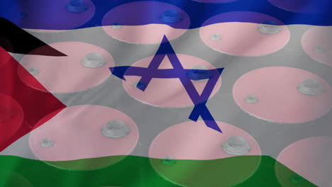 Animation-of-oil-barrels-over-flag-of-israel-and-palestine