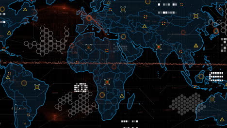 Animation-of-data-processing-over-world-map-on-dark-background
