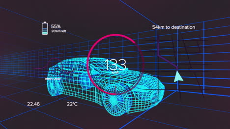Animation-Von-Symbolen,-Texten-Und-Wechselnden-Zahlen-In-Ladekreisen-über-Einem-3D-Modell-Eines-Autos