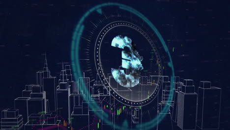Animation-Des-Stadtbildes-Und-Des-Euro-Währungssymbols-Auf-Schwarzem-Hintergrund