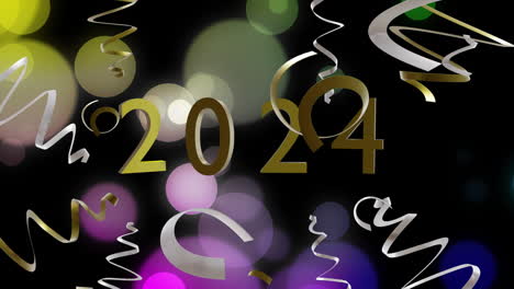 Animation-of-2024-party-streamers-on-black-background