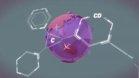 Animation-Einer-Chemischen-Formel-über-Einem-Globus-Mit-Flugzeugen-Auf-Grünem-Hintergrund