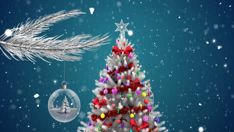 Animation-Von-Fallendem-Schnee-über-Weihnachtsbäumen,-Schneekugeln-Und-Winterlandschaften