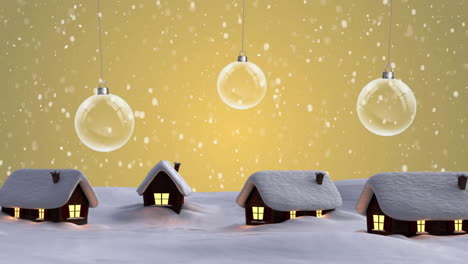 Animation-of-snow-falling-over-christmas-baubles-and-winter-scenery-with-houses-background