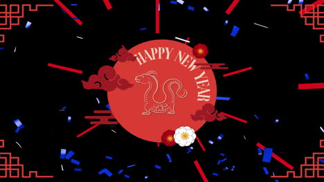 Animation-of-happy-new-year-text-over-dragon-and-chinese-pattern