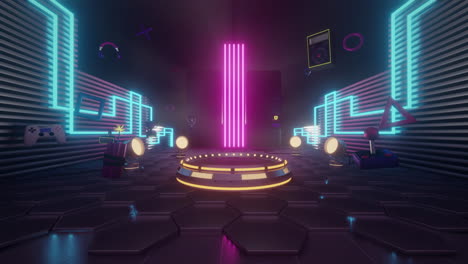 Animation-Von-Neon-Gaming-Funktionen-Mit-Bühne-Auf-Schwarzem-Hintergrund
