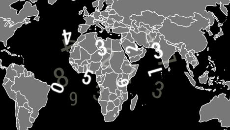 Animación-De-Números-Y-Mapa-Mundial-Y-Procesamiento-De-Datos-Sobre-Fondo-Negro