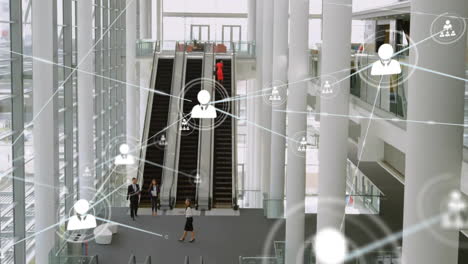 Animation-of-network-of-connections-with-icons-over-diverse-business-people-on-escalator