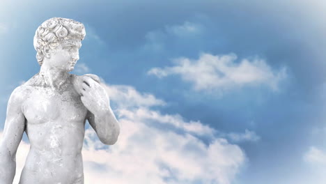 Animation-of-gray-sculpture-of-man-over-blue-sky-and-clouds,-copy-space