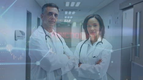 Animation-of-network-and-data-processing-over-diversxe-female-and-male-doctor-in-hospital