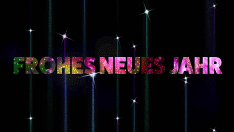 Animation-of-frohes-neues-jahr-text-and-glowing-lights-on-black-background