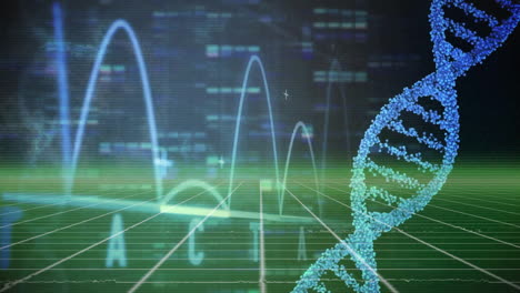 Animation-Der-Datenverarbeitung-Mit-DNA-Strang-über-Beweglichen-Säulen-Auf-Schwarzem-Hintergrund