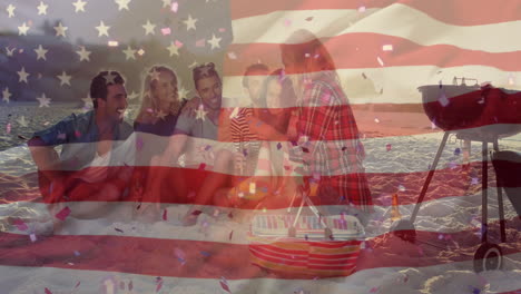 Animation-of-flag-of-usa-over-caucasian-friends-on-beach-in-summer