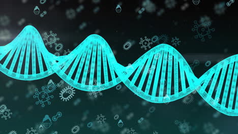 Animation-Des-DNA-Strangs-über-Symbolen-Auf-Schwarzem-Hintergrund