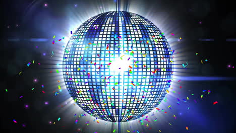 Animation-of-confetti-falling-over-mirror-disco-ball-on-black-background
