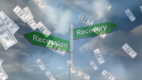 Animation-of-dollar-bills-over-road-sign-with-recession-and-recovery-texts-and-sky-with-clouds