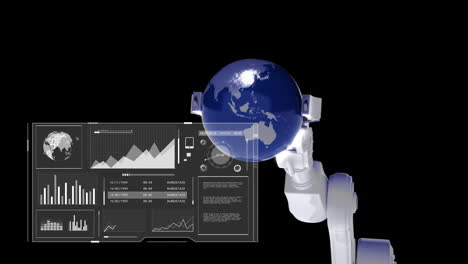 Animation-Der-Datenverarbeitung-über-Dem-Roboterarm,-Der-Einen-Globus-Auf-Schwarzem-Hintergrund-Hält