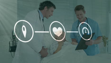 Animation-of-network-of-connections-with-icons-over-diverse-doctors-and-patient-in-hospital